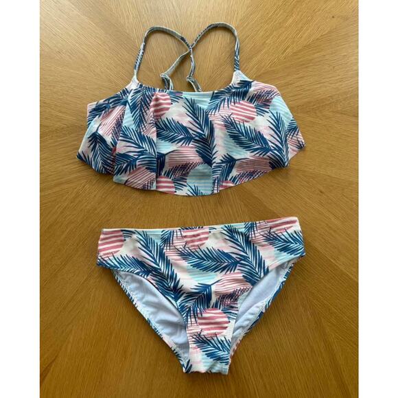 Girls Swim Set Size 15/16‎ Blue Pink Ruffle Bikini Tropical Print Criss Cross - Picture 2 of 2